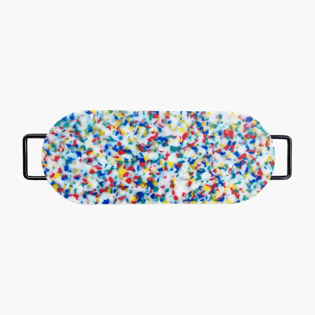 Colorful cutting board with black handles on a white background