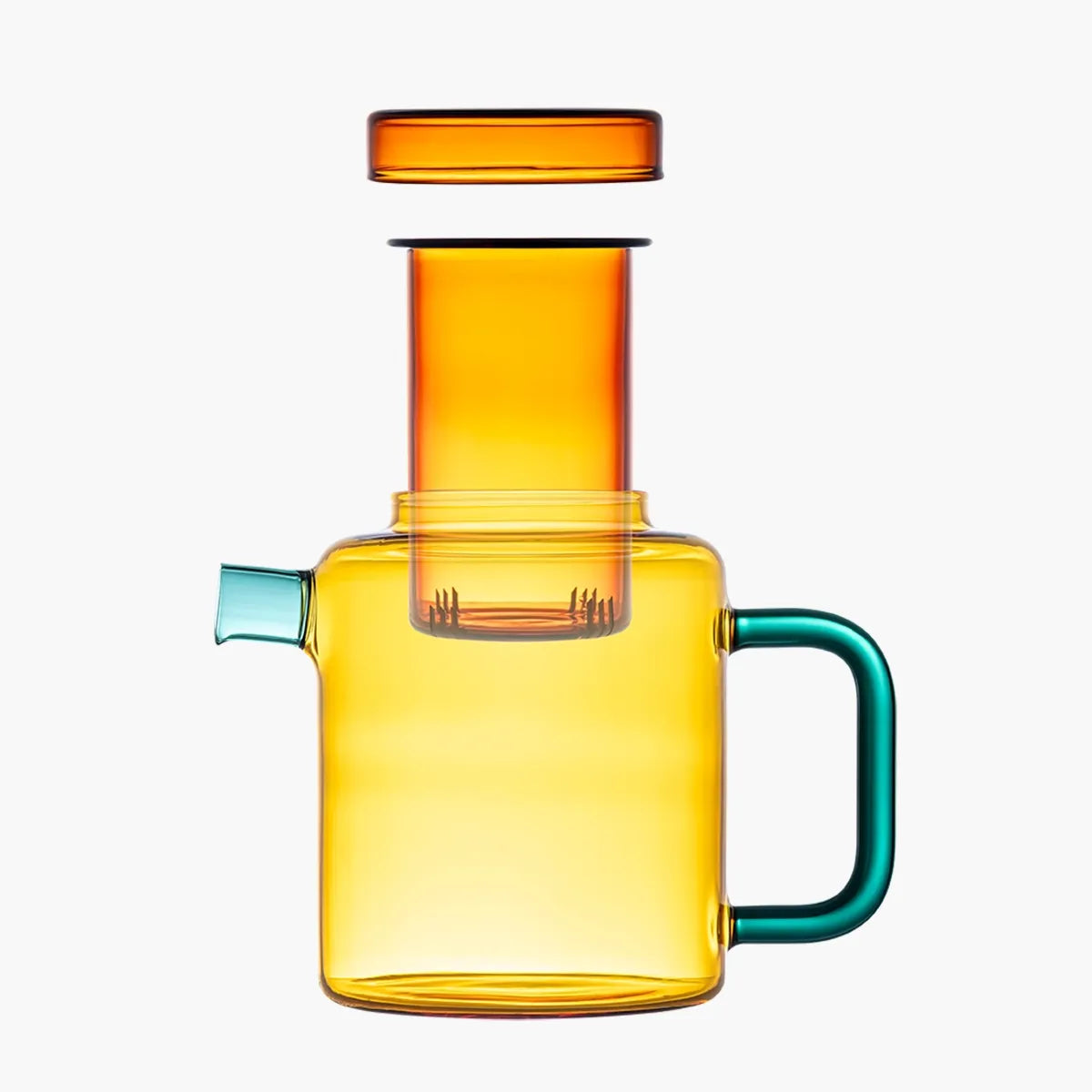Orange glass teapot with a teal handle and spout on a white background