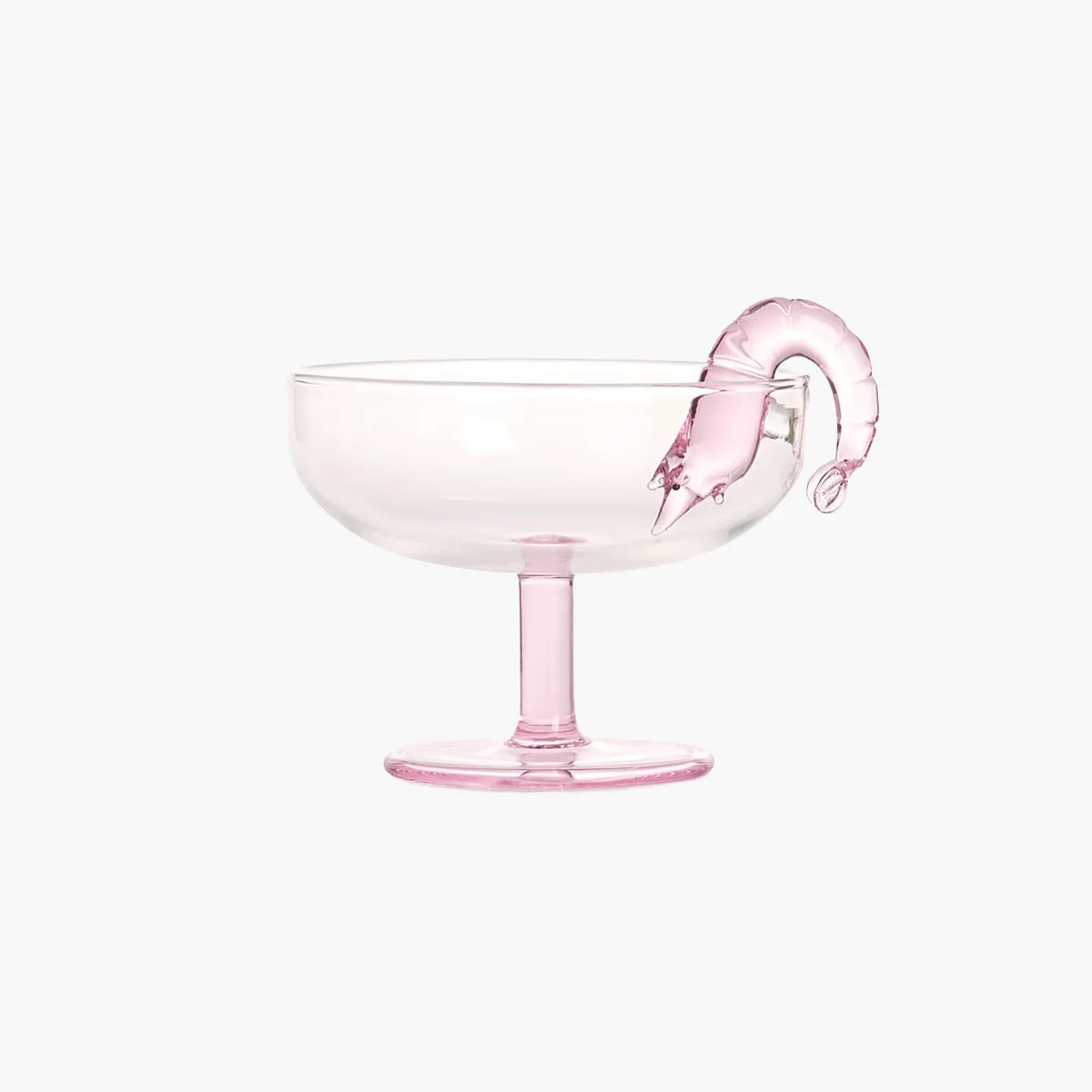 Pink prawn cocktail glass with a pink prawn decoration on a white background