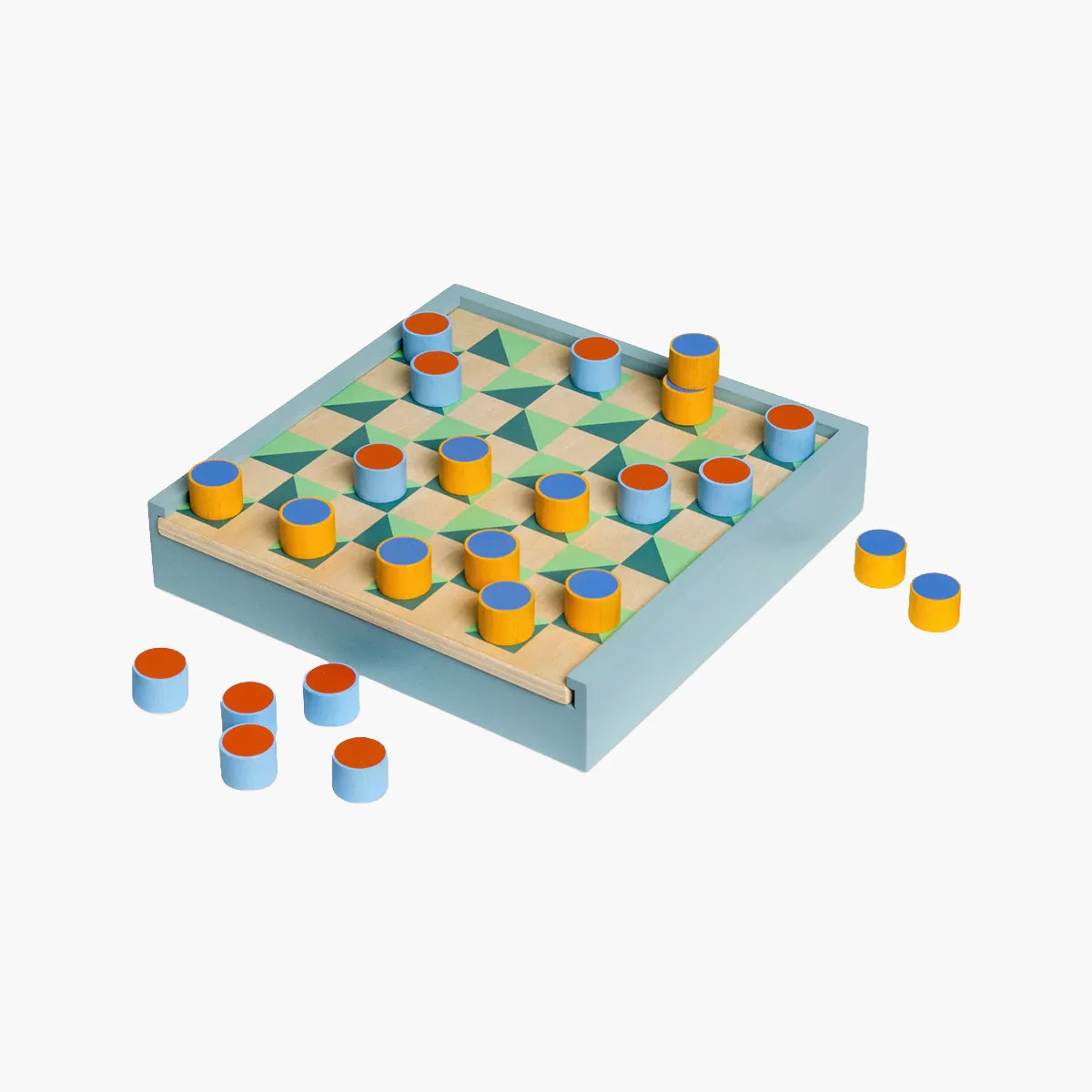 Colorful geometric patterned board game with cylindrical pieces on a white background