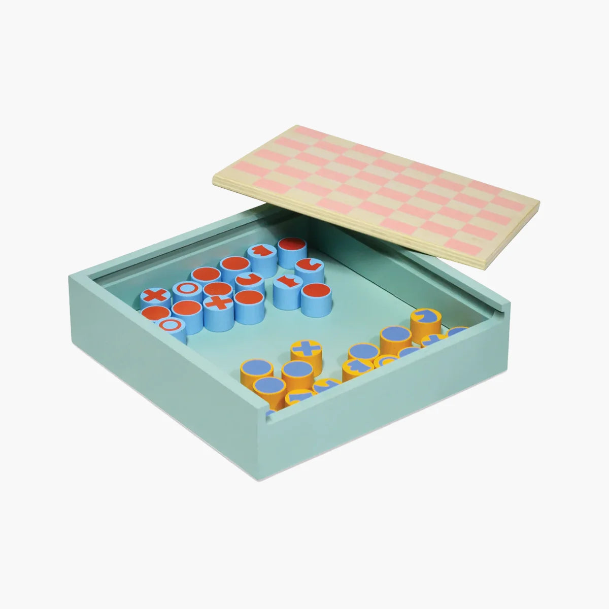 Colorful wooden puzzle with geometric shapes in a box on a white background