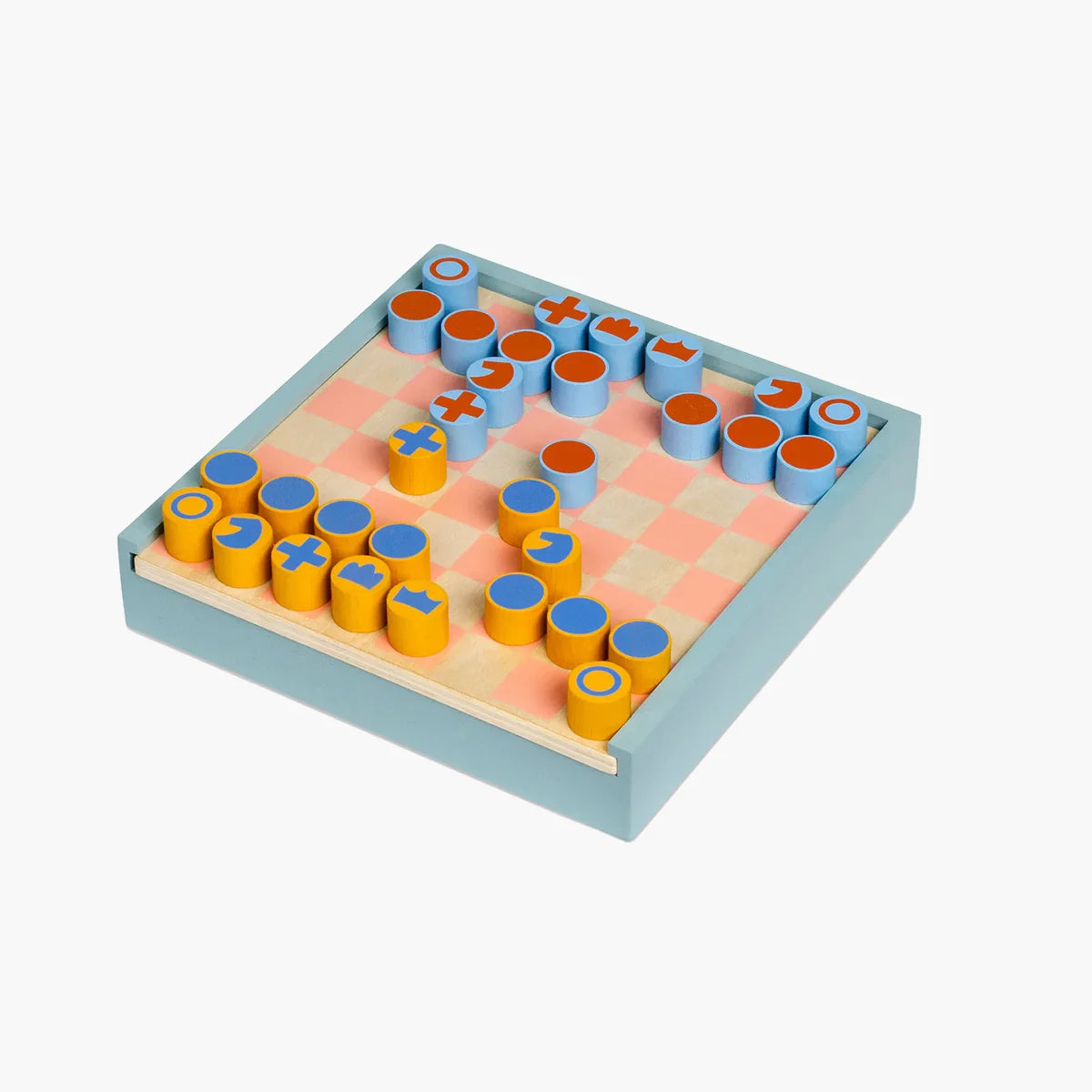 Wooden checkers game set with colorful pieces on a light blue board