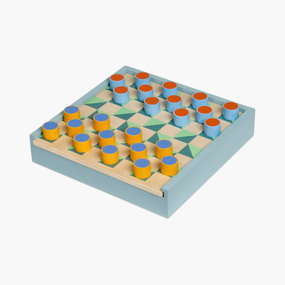 Wooden checkers game set with blue and orange pieces on a light blue board.