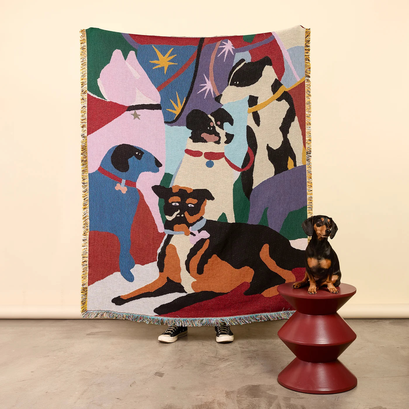 Colorful wall hanging tapestry with dog illustrations