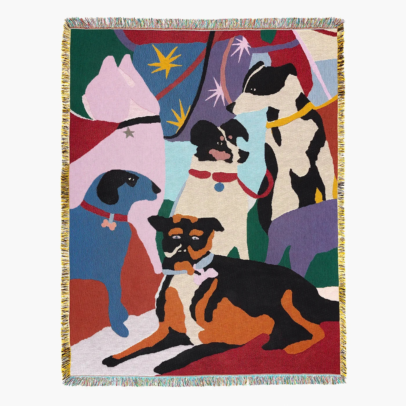 Woven blanket with colorful dog art design in blue, pink, red, green, white, brown and black