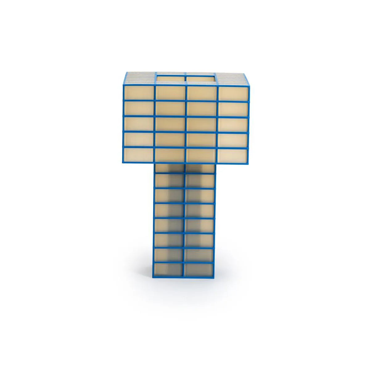 A Ridezign Tesser 5:8 Lamp made of translucent beige panels framed by a bright blue grid, shown on a plain white background.