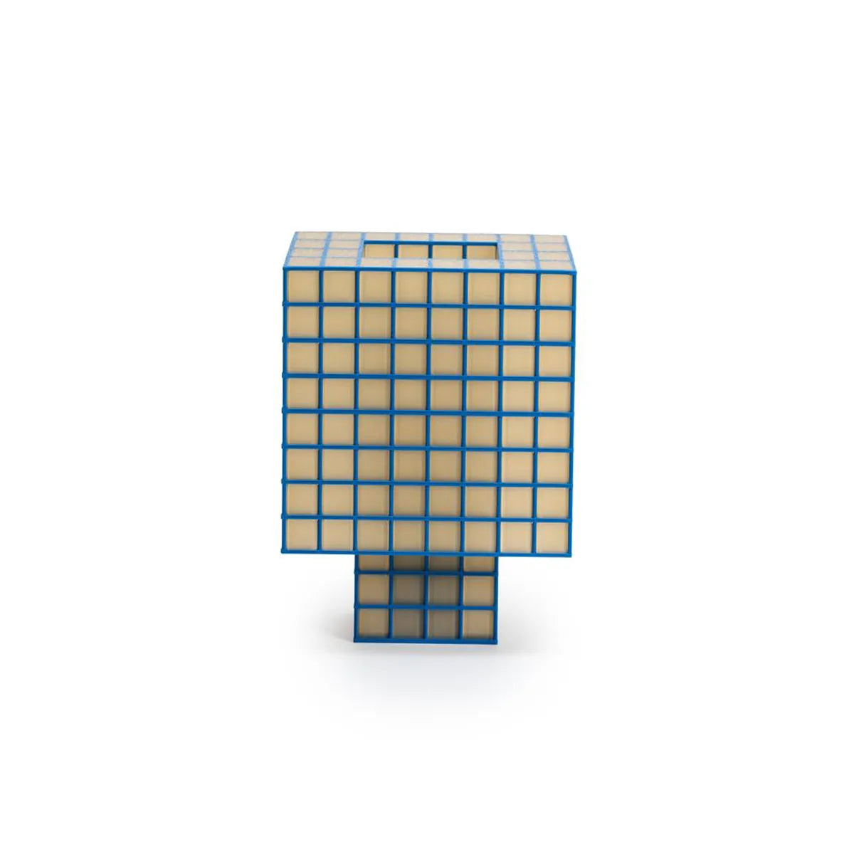A Ridezign Tesser 8:3 Lamp with a blue grid frame and beige translucent square panels, standing against a white background.