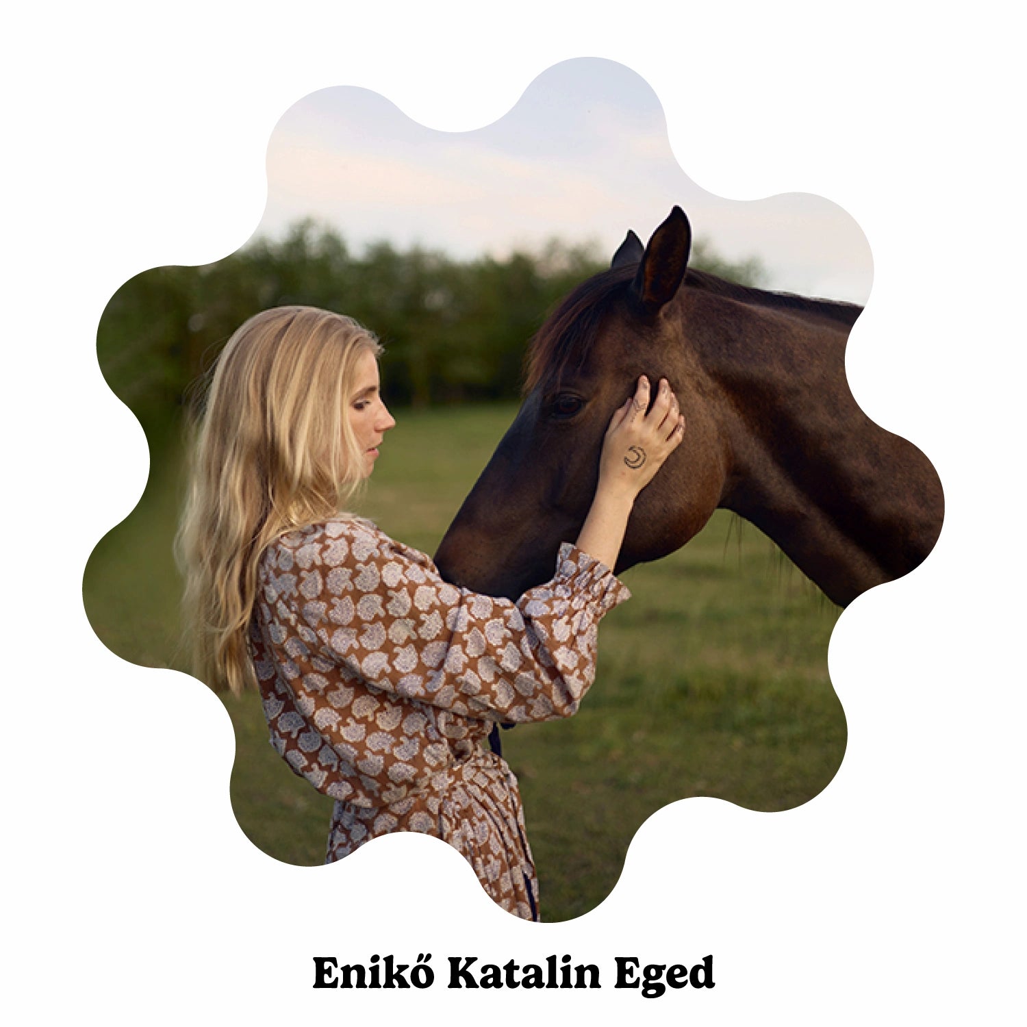 Woman petting a horse in a field with a scenic background