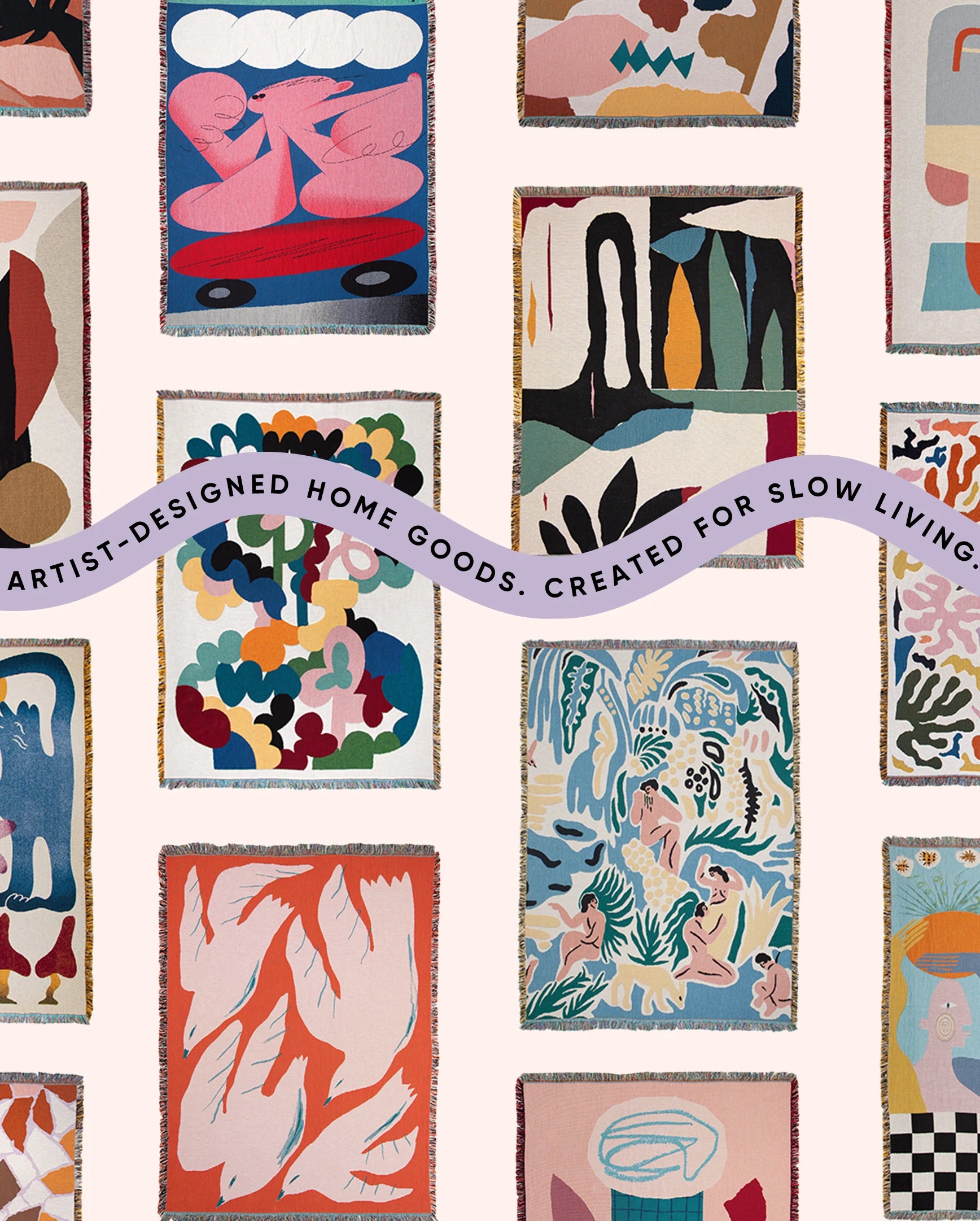 Collection of artist-designed home goods with abstract art patterns on a white background.