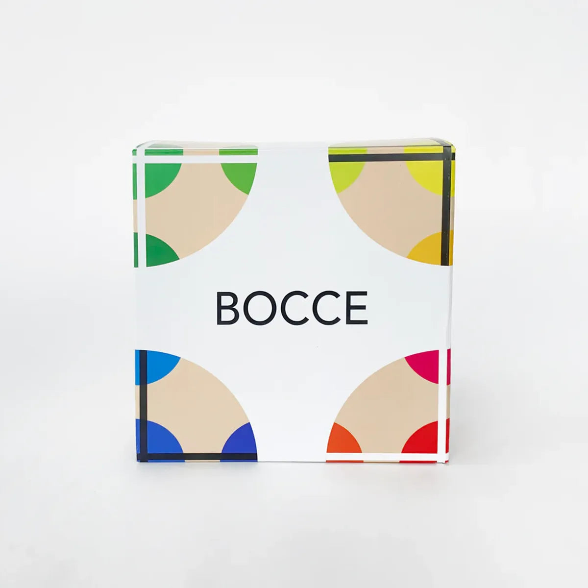 Bocce ball set packaging with colorful geometric design on a white background