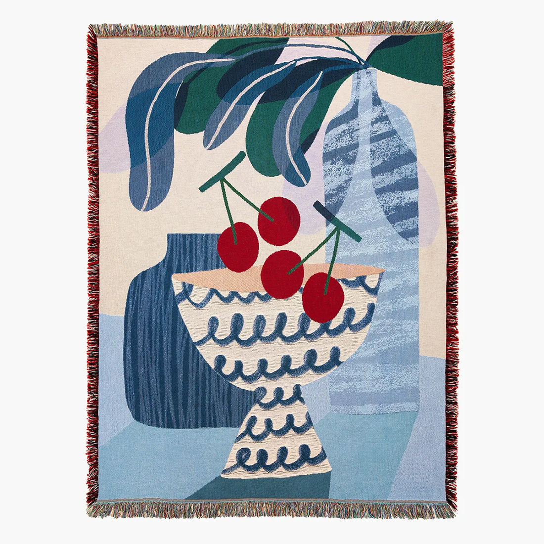Bed throw blanket with blue and red still life of cherries in a bowl
