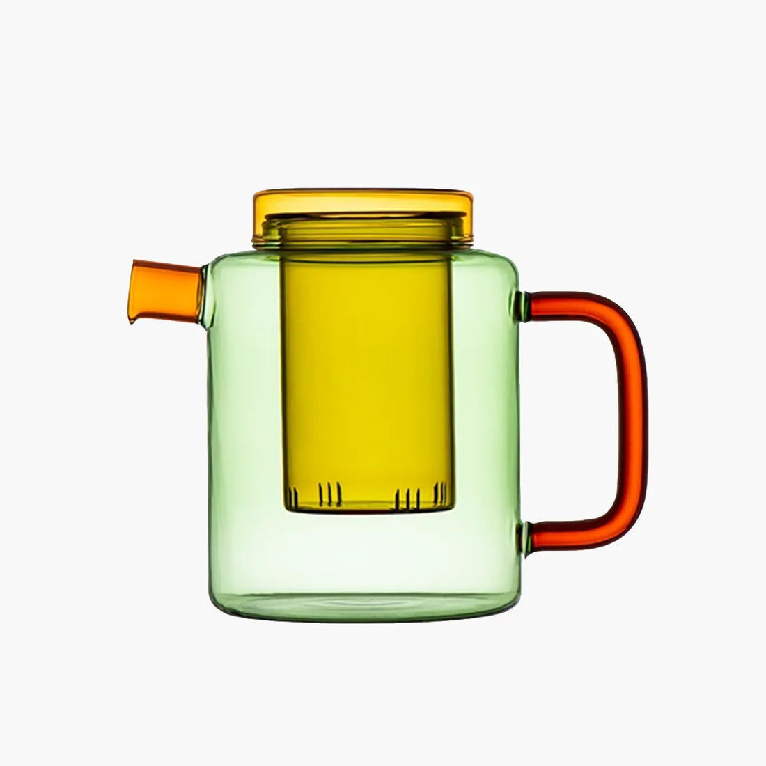 Green glass teapot with a orange handle and spout on a white background