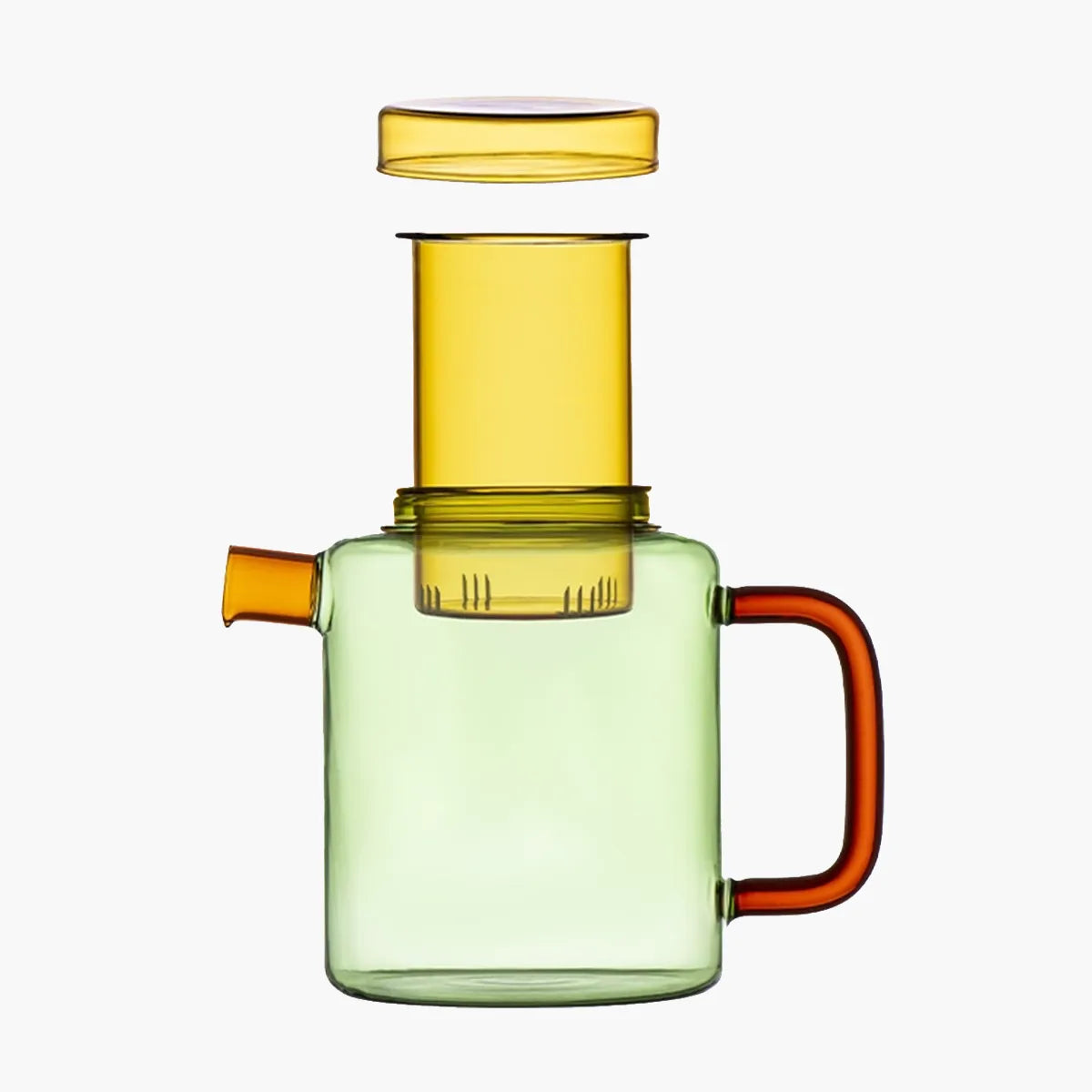 Green glass teapot with orange handle, spout, diffuser and lid on a white background