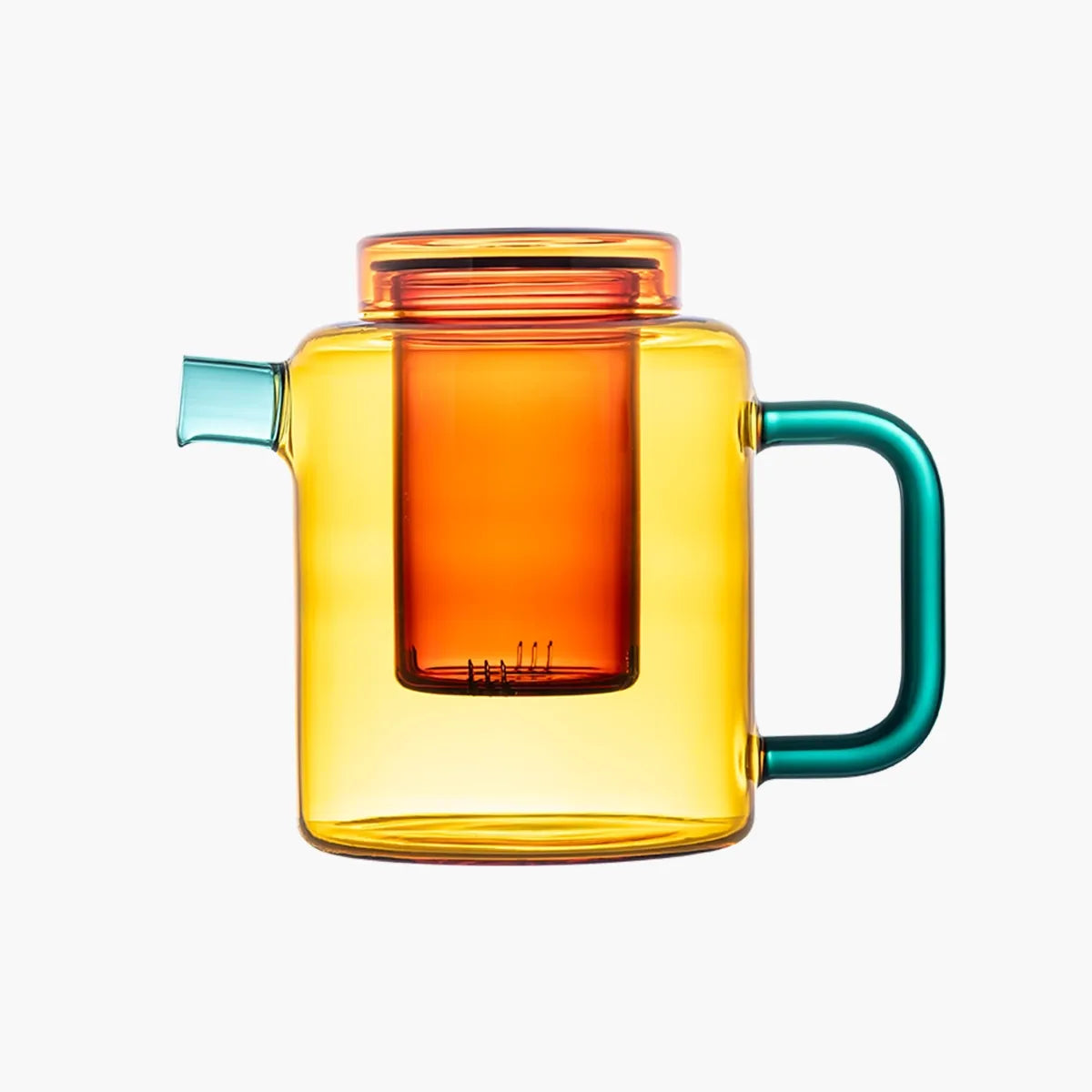 Orange glass teapot with a teal handle and spout on a white background