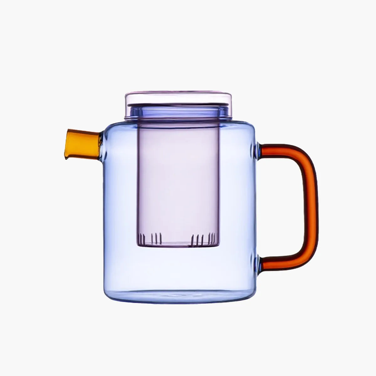 Clear blue glass tea pot with orange handle and spout on a white background