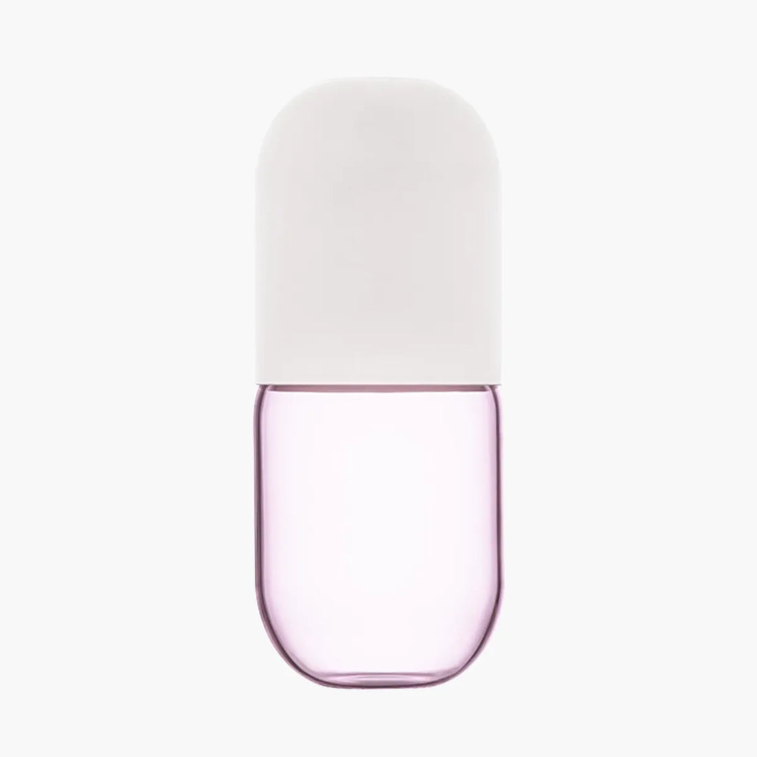 Pink glass carafe with a white lid on a white background