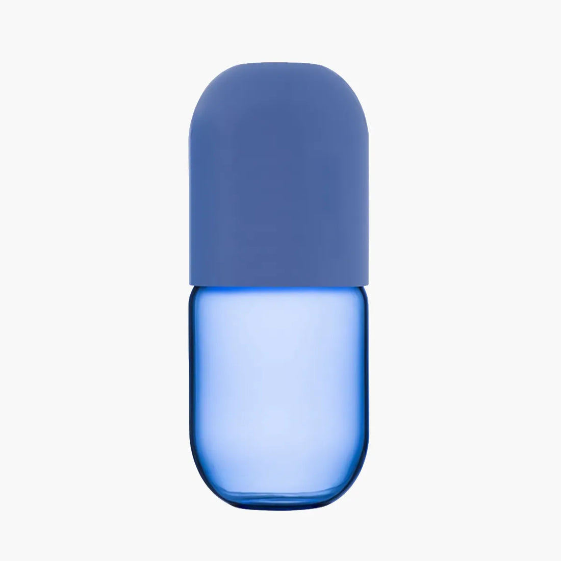 Blue cylindrical carafe with a blue lid on a white background