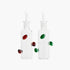 Two clear glass bottles with colorful knobs on a white background