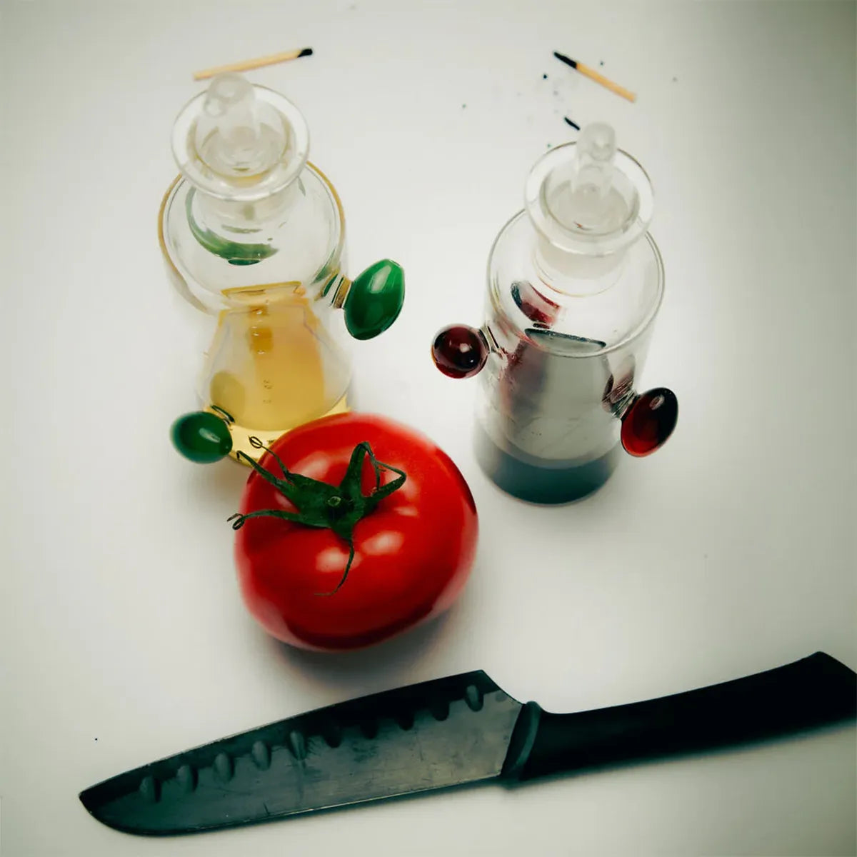 Two glass bottles with droppers, a tomato, and a knife on a white surface.