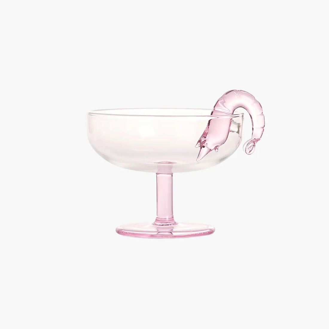 Pink prawn cocktail glass with a pink prawn decoration on a white background