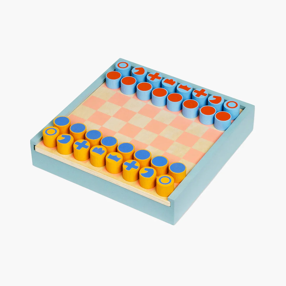 Wooden checkers game with colorful pieces on a white background