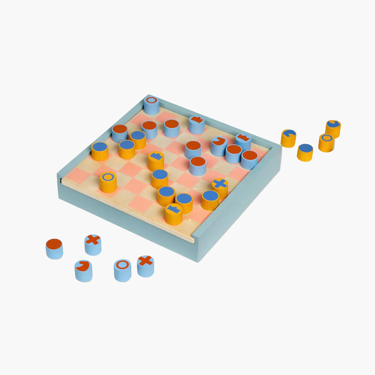 Wooden board game with colorful cylindrical pieces on a white background
