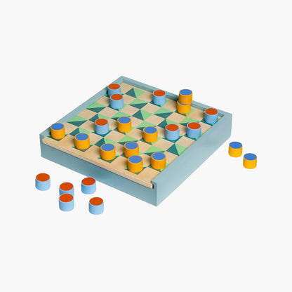Colorful geometric patterned board game with cylindrical pieces on a white background