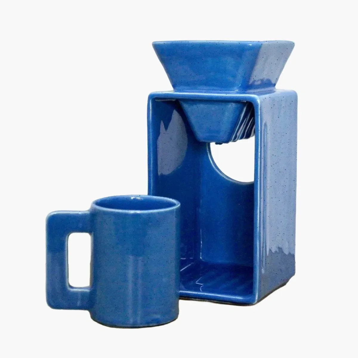 Blue ceramic coffee maker with a matching mug on a white background