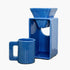 Blue ceramic coffee maker with a matching mug on a white background
