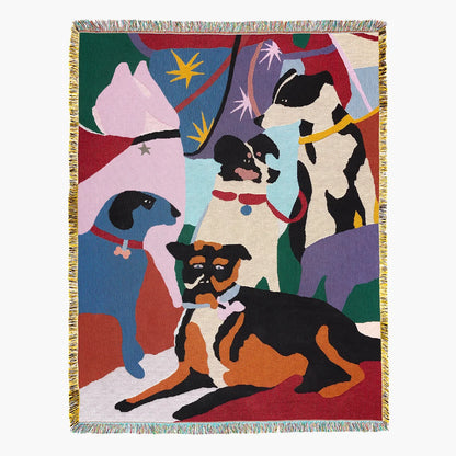 Woven blanket with colorful dog art design in blue, pink, red, green, white, brown and black