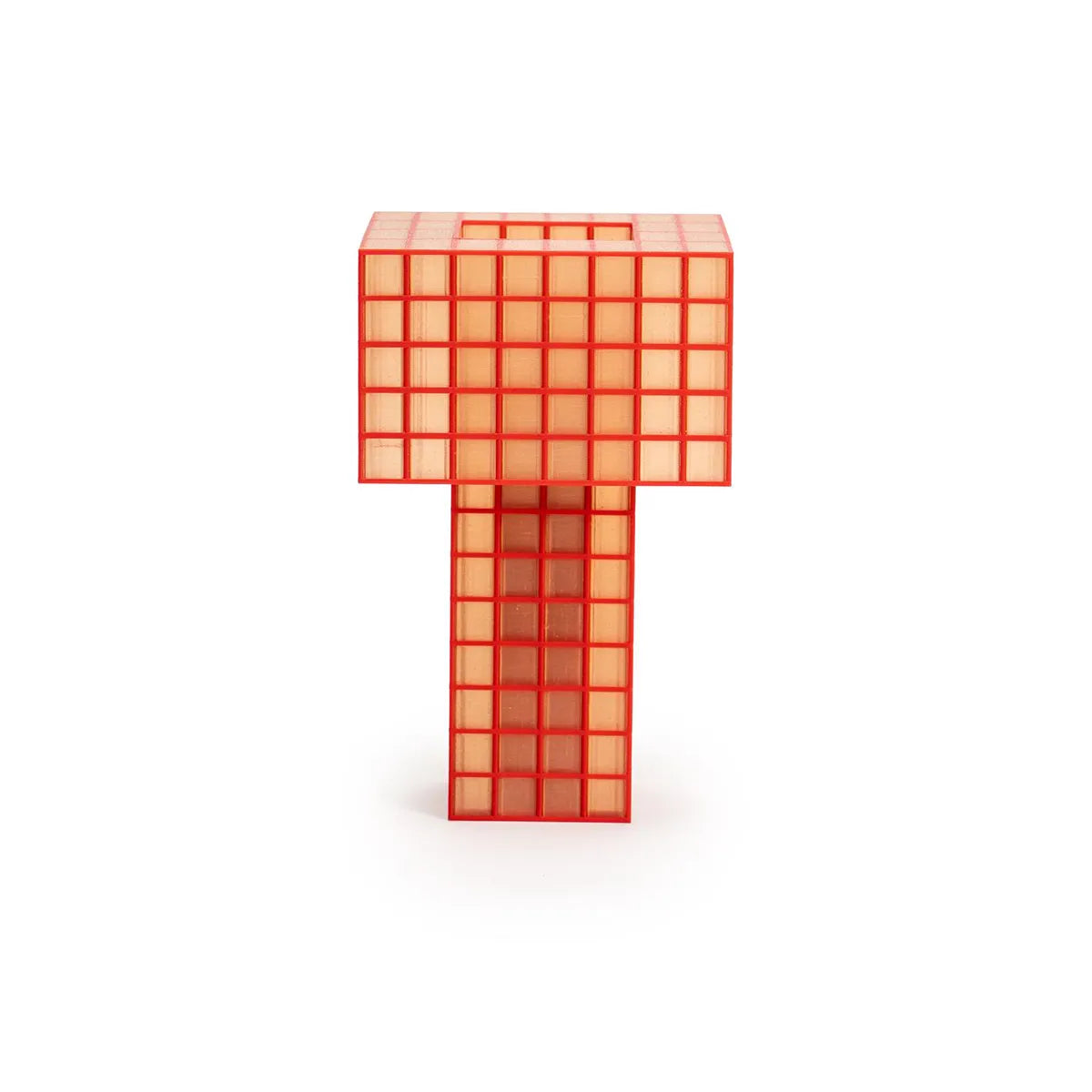 A translucent orange-red Ridezign Tesser 5:8 Lamp, featuring a grid pattern and a square top, displayed on a clean white background.