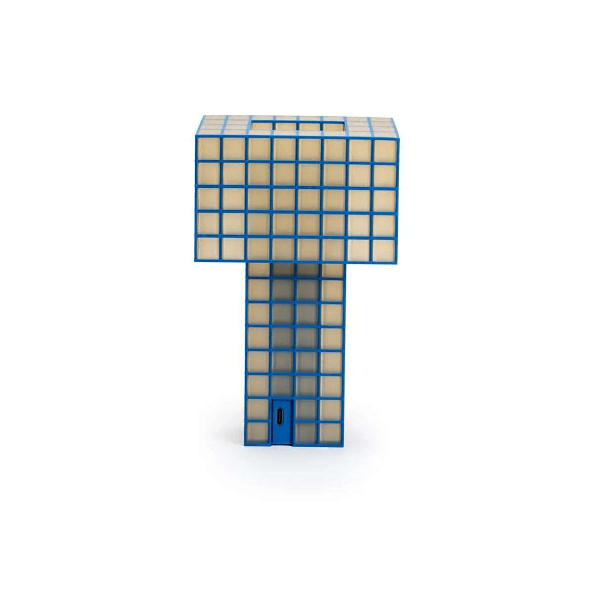 A Ridezign Tesser 5:8 Lamp made from a blue-framed grid of frosted cream glass panels, standing on a white background.