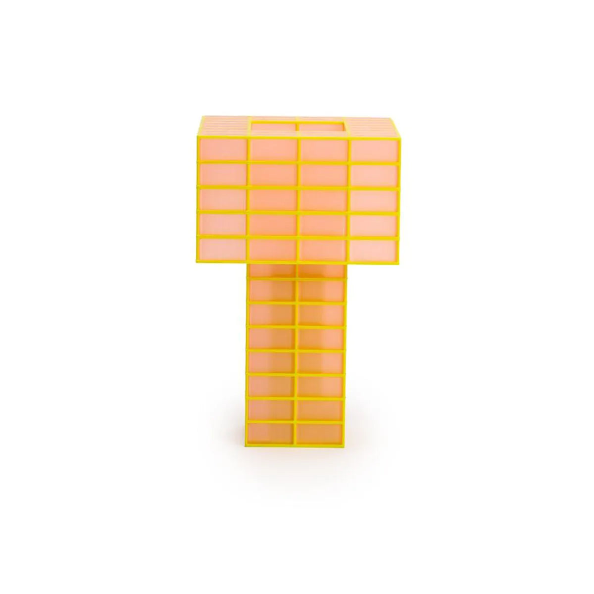 A Ridezign translucent orange and yellow Tesser 5:8 Lamp standing upright on a white background.