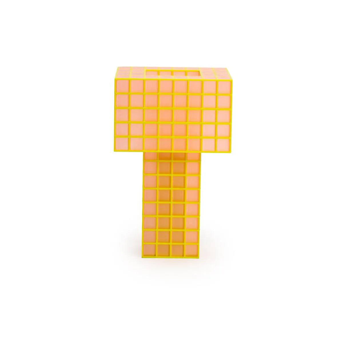 A translucent orange Ridezign Tesser 5:8 Lamp shaped like the letter T, featuring a grid pattern on a solid white background.