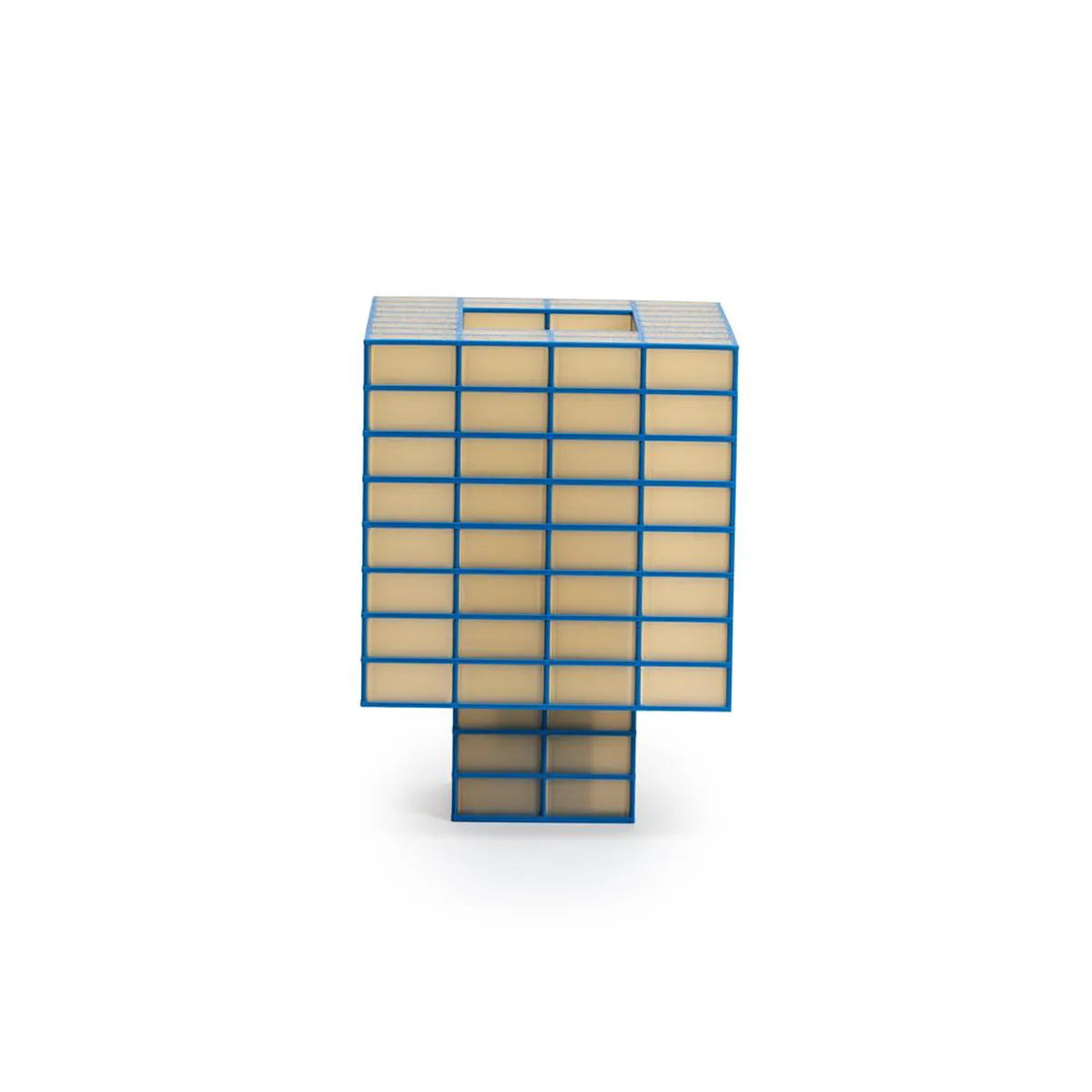 A Ridezign Tesser 8:3 Lamp featuring a blue metal frame with a grid of warm beige glass or acrylic panels, standing on a matching blue base against a white background.