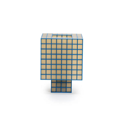 A Ridezign Tesser 8:3 Lamp with a blue grid frame and beige translucent square panels, standing against a white background.