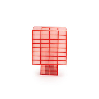 A Ridezign Tesser 8:3 Lamp in Cherry with grids and squares on a white background.