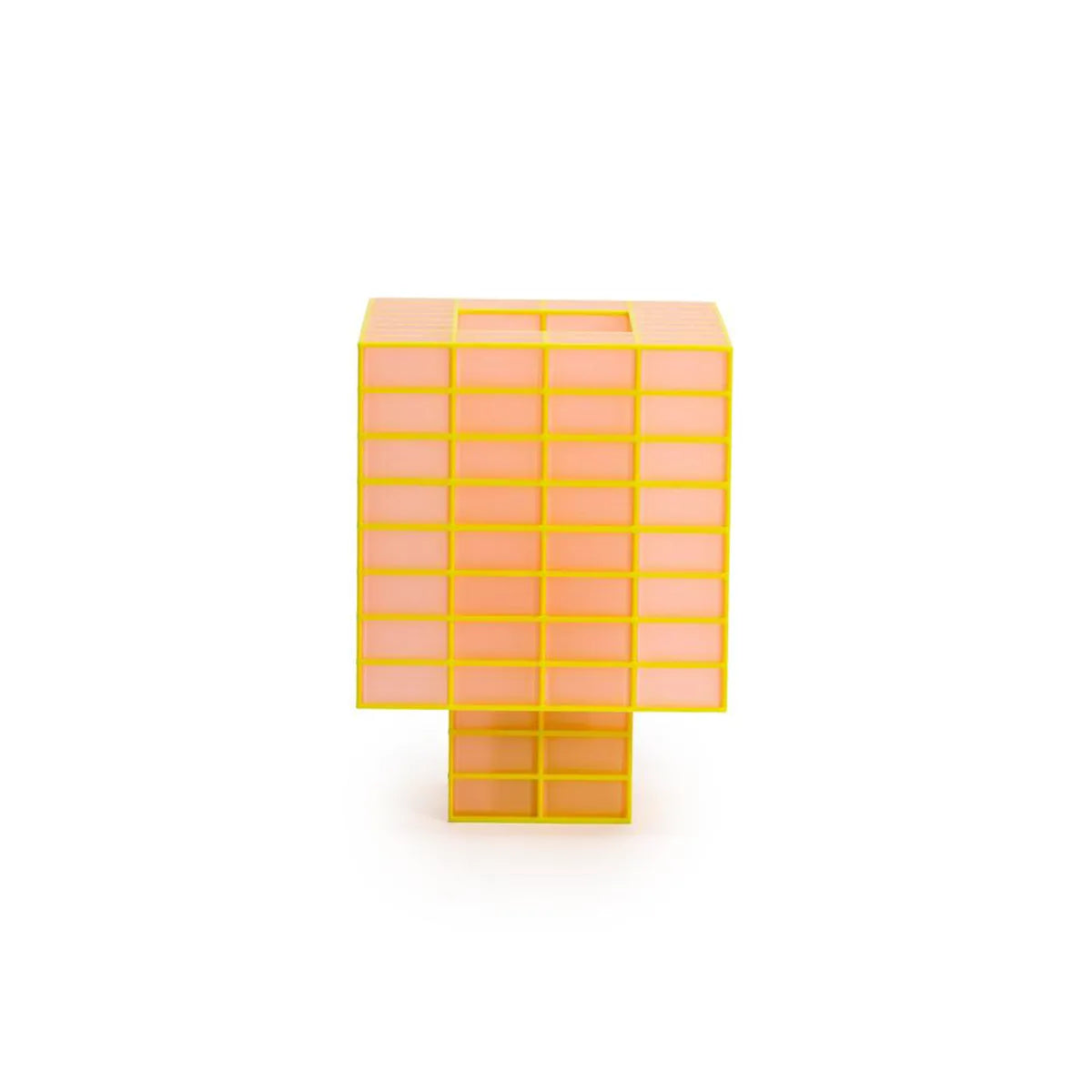 A translucent orange and yellow cube-shaped grid Ridezign Tesser 8:3 Lamp, shown on a plain white background.