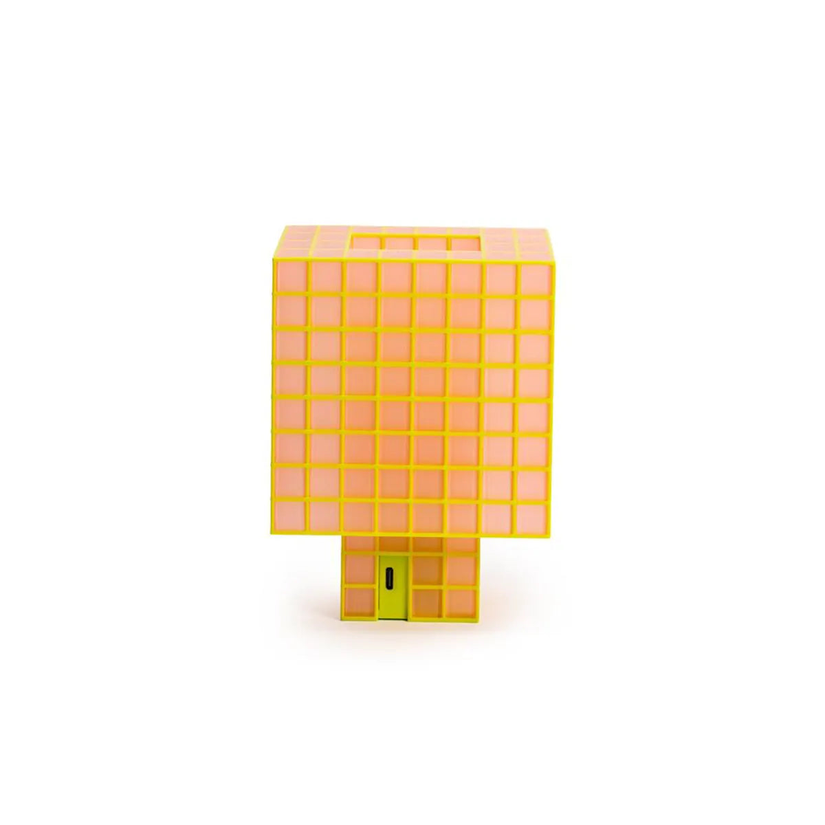 A translucent orange and yellow cube-shaped Ridezign Tesser 8:3 Lamp with a small green door detail, shown on a plain white background.